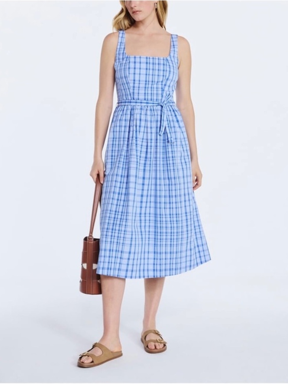 NWT Free Assembly Blue Plaid Square-Neck Midi Dress with Self-Tie Waist Size L